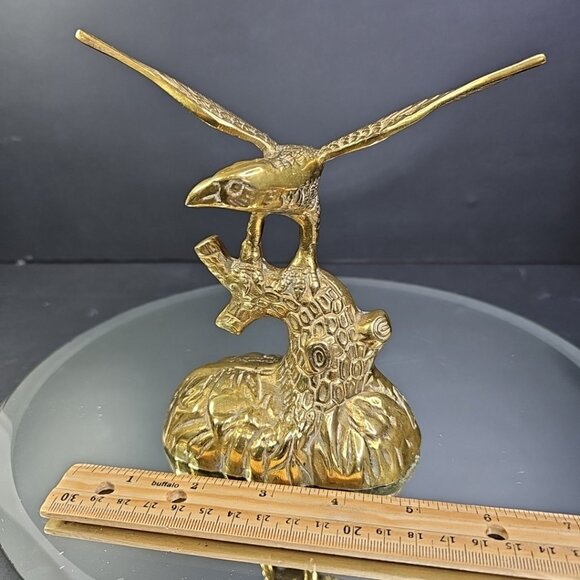 Eagle Brass Statue Figurine Perched On Log MCM Vintage Bird Hunting Fishing - Picture 11 of 12